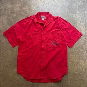 Bugle Boy Vintage Button Up Shirt XL Red Short Sleeve Embroidered Logo
